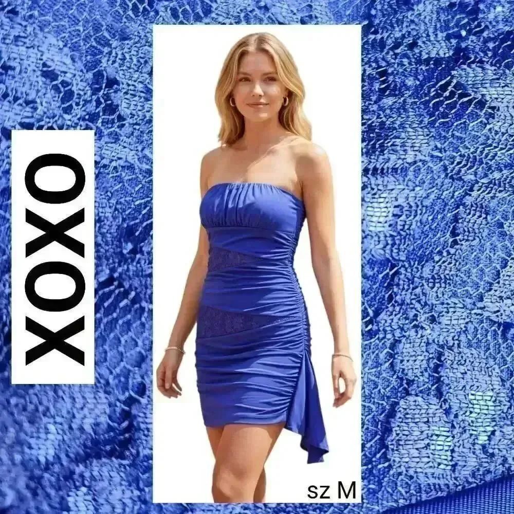 XOXO Blue Evening Cocktail Formal Strapless Gathered Lace Accents Mini Dress